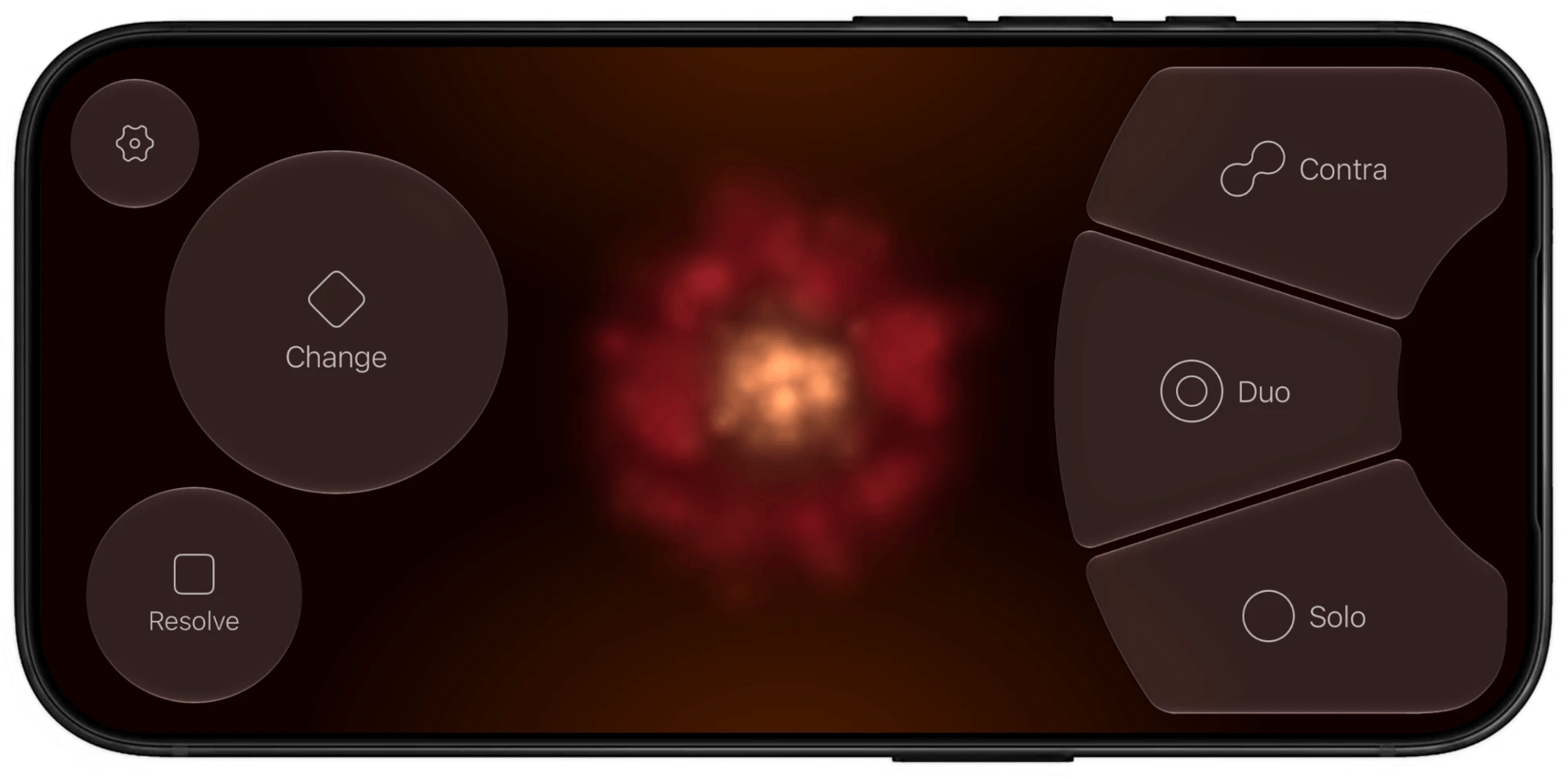 CelloPad on an iPhone in landscape: the Options, Change, and Resolve buttons on the left, and the Contra, Duo, and Solo play buttons on the right, around a glowing red orb
